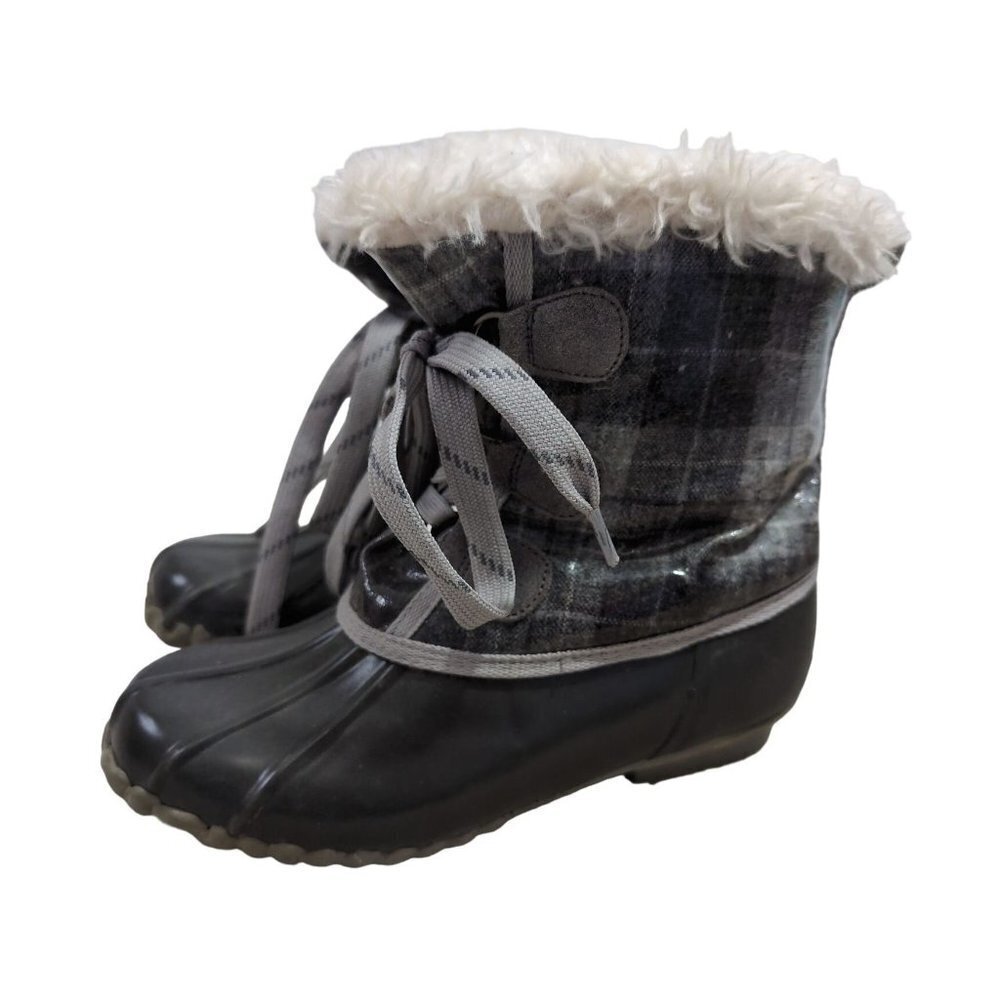 Sporto Original Duck Boots Womens 6 Gray Plaid Faux Fur Lined Snow Rain Winter